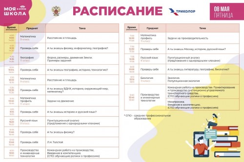 Друзья! Готово расписание трансляции телевизионных уроков для старшеклассников на образовательном телеканале &laquo;МОЯ ШКОЛА в online&raquo; (&laquo;Триколор&raquo;) на 8 мая.