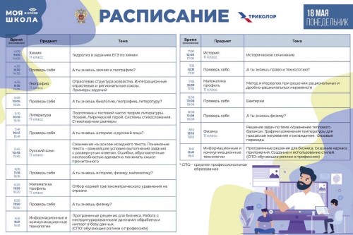Друзья! Смотрите расписание видеоуроков, которые будут транслироваться на Общественном телевидении России и образовательном телеканале &laquo;МОЯ ШКОЛА в online&raquo; (&laquo;Триколор&raquo;)  18 мая.