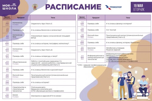 Друзья! Готово расписание видеоуроков, которые будут транслироваться на Общественном телевидении России и образовательном телеканале &laquo;МОЯ ШКОЛА в online&raquo; (&laquo;Триколор&raquo;) 19 мая.