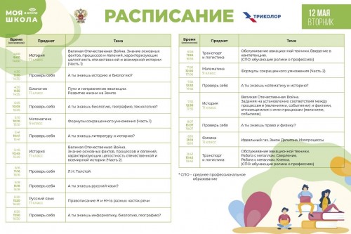 Друзья! Смотрите расписание видеоуроков на образовательном телеканале &laquo;МОЯ ШКОЛА в online&raquo; (&laquo;Триколор&raquo;) на 12 мая!