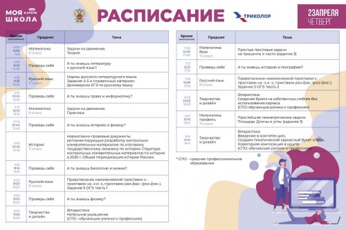 Друзья! Публикуем расписание второго дня трансляции телевизионного образовательного проекта Минпросвещения России &laquo;МОЯ ШКОЛА в online&raquo; на 23 апреля.